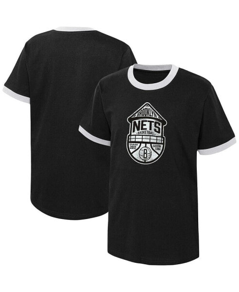 Big Boys Black Distressed Brooklyn Nets Hoop City Hometown Ringer T-shirt