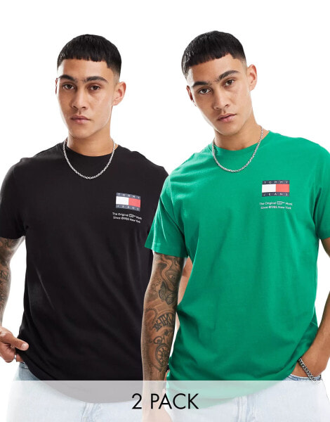 Tommy Jeans – 2er-Pack T-Shirts in Grün und Schwarz mit großem Flaggenlogo