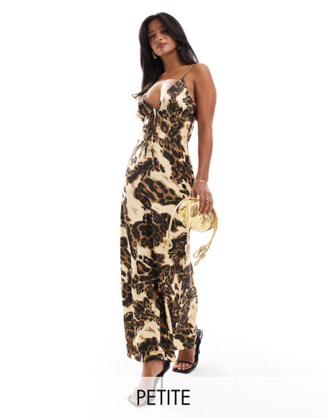 Miss Selfridge Petite satin tie front maxi slip dress in animal print