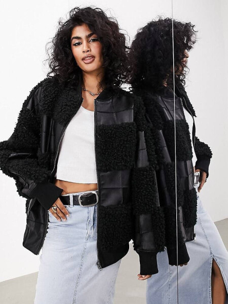 ASOS EDITION – Oversize-Bomberjacke aus Kunstleder in Schwarz mit Patchwork-Design