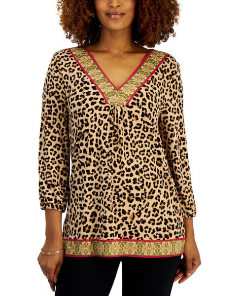 Petite Embellished Animal Print 3/4-Sleeve Top, Created for Macy's