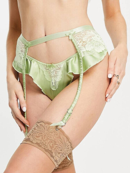 ASOS DESIGN Jemma lace and satin ruched suspender belt with in sage