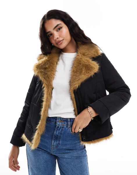 Stradivarius STR aviator jacket with contrast faux fur in black