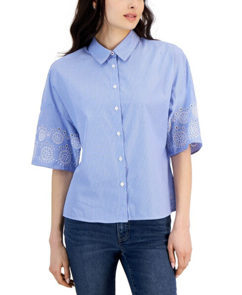 Women's Cotton Embroidered-Sleeve Boxy Shirt