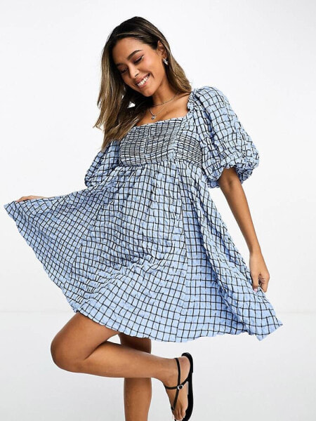 River Island check smock mini dress in blue