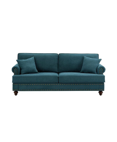 82" Green Chenille Sectional Sofa with Brown Legs