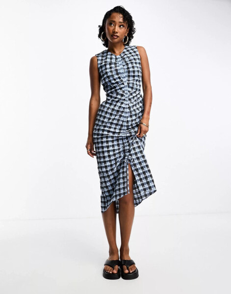 Whistles ruched gingham midi dress in blue