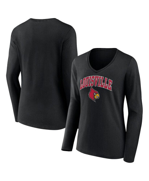 Women's Black Louisville Cardinals Evergreen Campus Long Sleeve V-Neck T-shirt