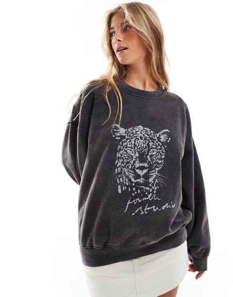 4th & Reckless leopard motif sweatshirt in black acid wash