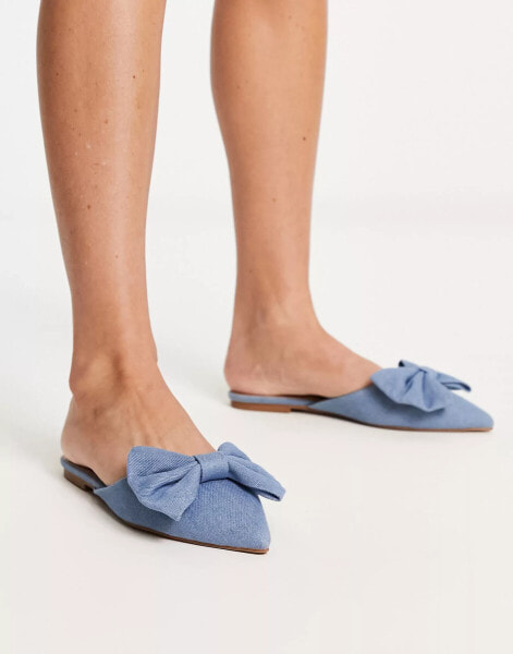 ASOS DESIGN Lass oversized bow pointed flat mules in denim