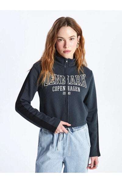 Dik Yaka Baskılı Uzun Kollu Crop Kadın Fermuarlı Sweatshirt