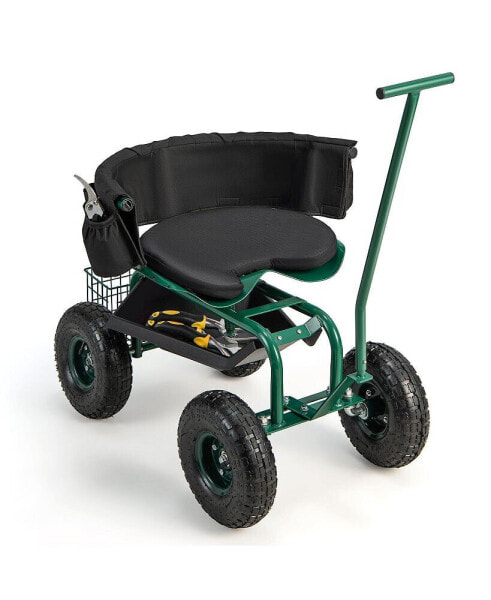 Rolling Garden Cart with Height Adjustable Swivel Seat and Storage Basket