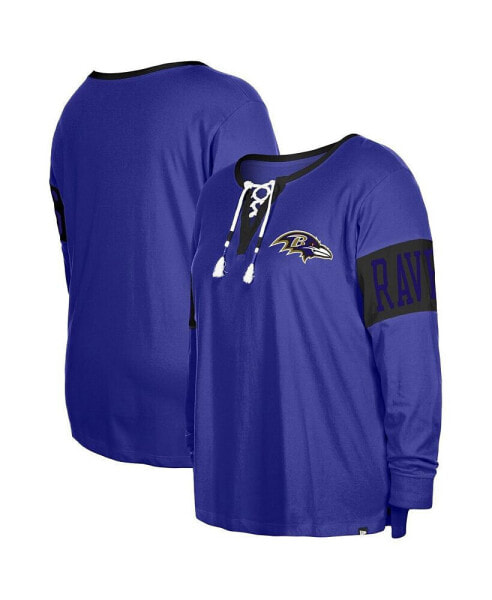 Women's Purple Baltimore Ravens Plus Size Lace-Up Notch Neck Long Sleeve T-shirt