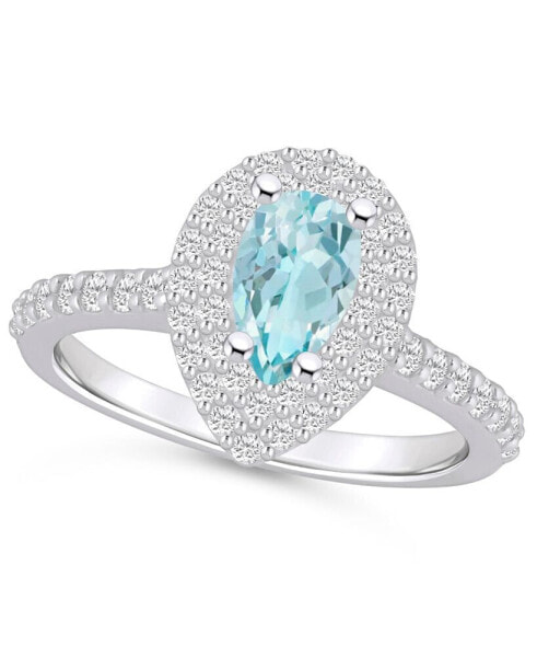 Aquamarine and Diamond Accent Halo Ring in 14K White Gold