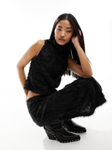 Pieces fluffy knit high neck top co-ord in black