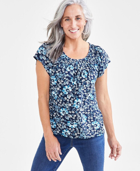 Petite Pleated-Neck Floral Top, Created for Macy's