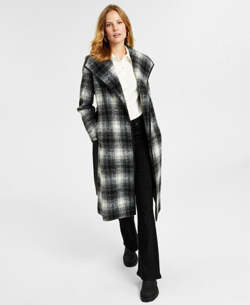 Women's Plaid Long-Sleeve Belted Wrap Coat