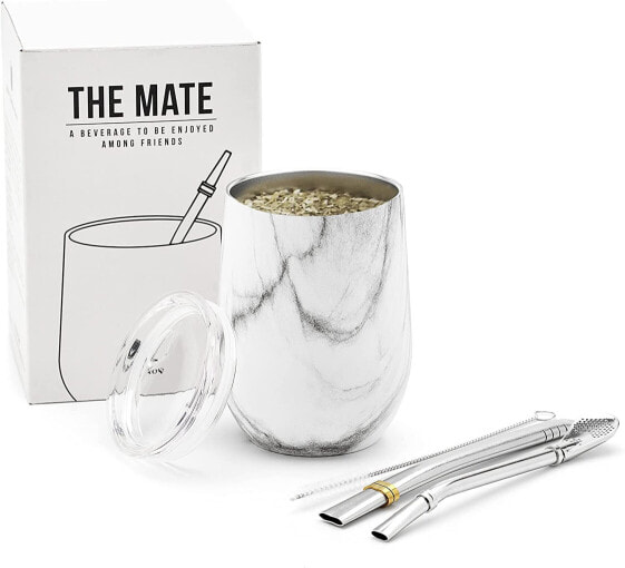 Balibetov Modern Yerba Mate Gourd Set (Mate Cup), Double-walled 18/8 Stainless Steel, Contains Two Bombillas And A Cleaning Brush