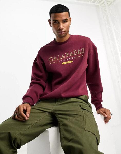 Jack & Jones oversized sweat with Calabasas print in burgundy