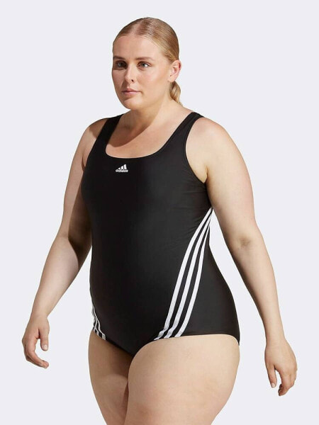 adidas Performance plus 3 stripe swimsuit in black