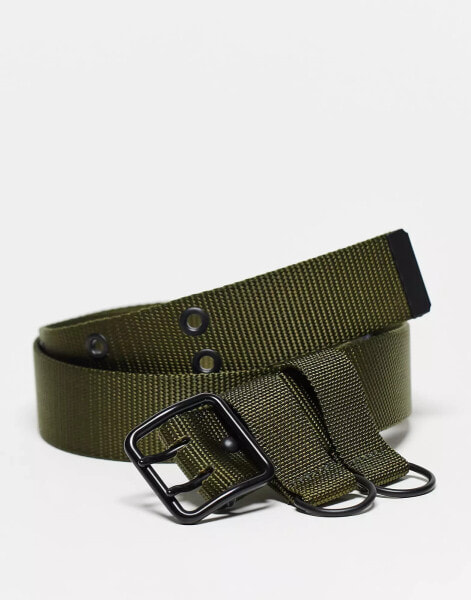 COLLUSION Unisex canvas double hole belt in khaki