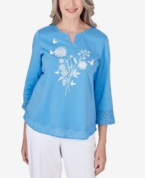 Women's Paradise Island Floral Embroidery Eyelet Details Top