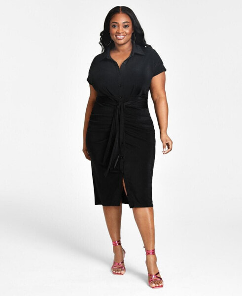 Trendy Plus Size Tie-Front Ruched Shirtdress