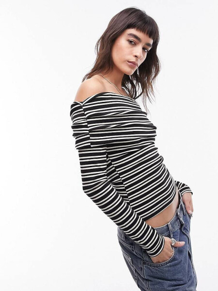 Topshop stripe long sleeve bardot in mono