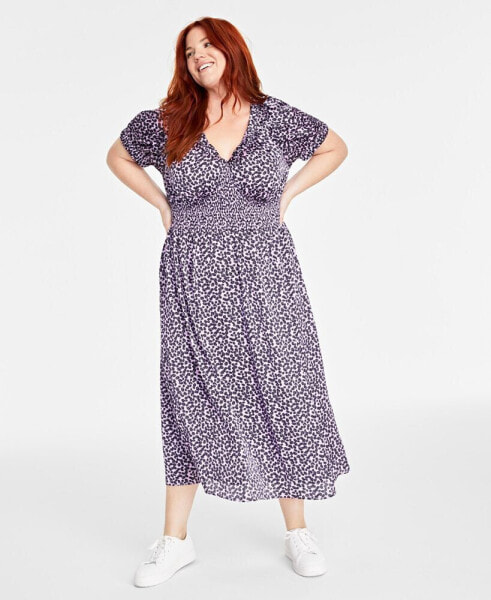 Trendy Plus Size Printed V-Neck Short-Sleeve Midi Dress, Created for Macy's