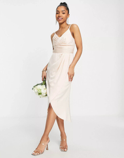 Little Mistress Bridesmaid satin wrap dress in sand