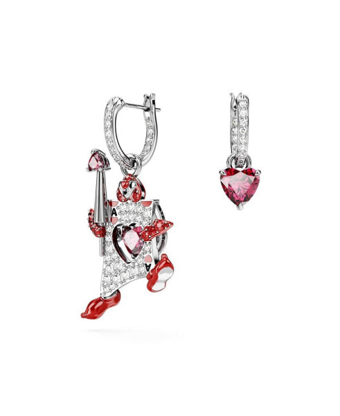 Asymmetrical Design, Playing Card, Red, Rhodium Plated Alice In Wonderland Drop Earrings