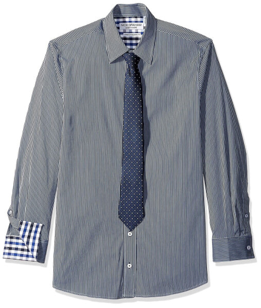 Nick Graham 293681 Men's Dress Shirt and Dot Grid Tie Set, Navy/Grey, M-R 32/33