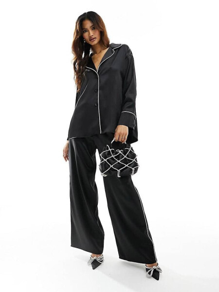 ASOS DESIGN satin pyjama shirt co-ord with piping detail in black