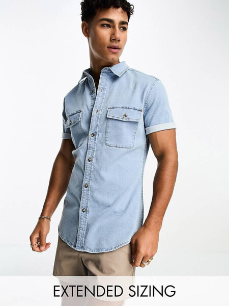 ASOS DESIGN skinny denim short sleeve shirt in light blue wash