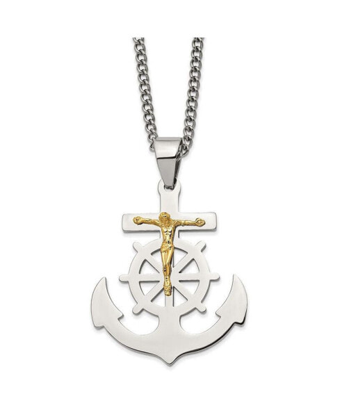 Yellow IP-plated Mariner's Cross Pendant Curb Chain Necklace