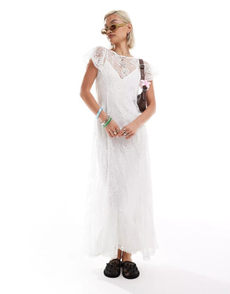 Reclaimed Vintage lace maxi dress with slip in white