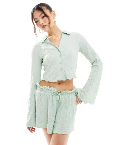 ASOS DESIGN co-ord textured flared sleeve shirt in sage