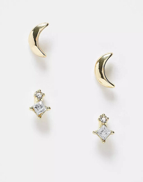 Pieces gem stud and half moon stud 2-pack earrings in gold