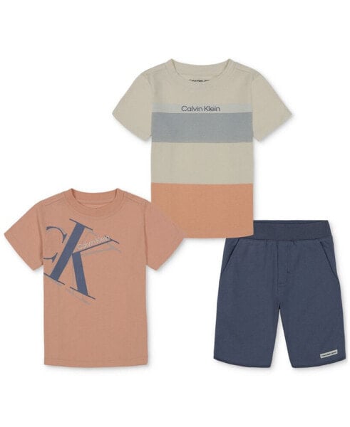 Комплект для девочки Calvin Klein 2 футболки с ярким логотипом и короткие шорты из французского терри, 3 штуки