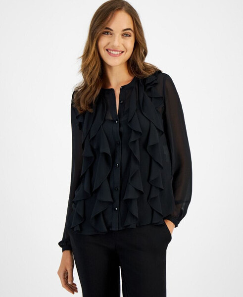 Women's Button-Front Cascade-Ruffle Blouse