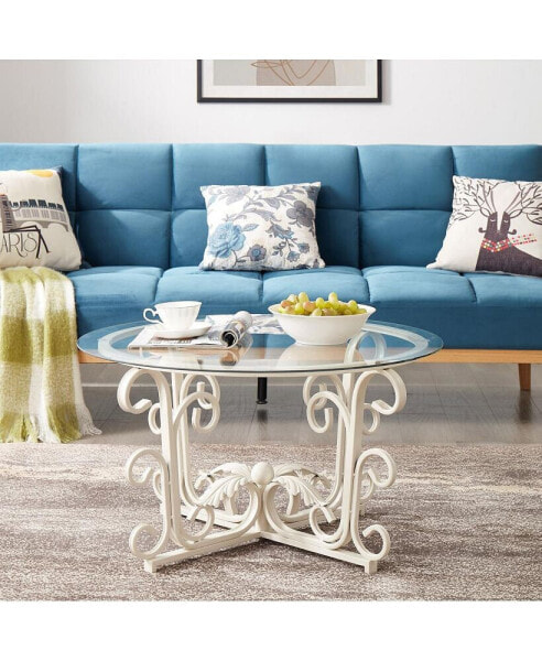 Sturdy Iron Leaf Coffee Table with Tempered Glass Top (White)