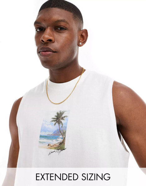 ASOS DESIGN relaxed vest in white with scenic chest print