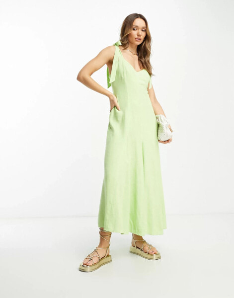 ASOS DESIGN linen tie strap swing maxi sundress with godets in apple green