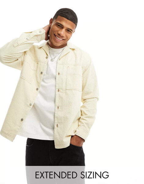 ASOS DESIGN cord overshirt with patch pockets in ecru