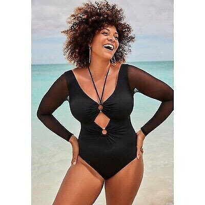 Swimsuits for All Women's Plus Size Mesh Sleeve Halter One-Piece Swimsuit - 14,