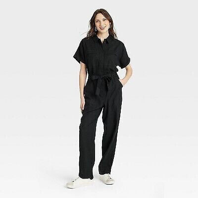 Women's Short Sleeve Linen Boilersuit - Universal Thread Black 4