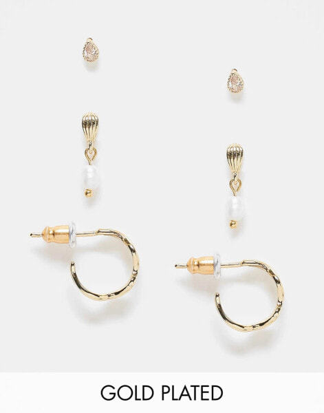 Accessorize Z Collection pearl & wave hoop earring x 3 multipack in gold plated