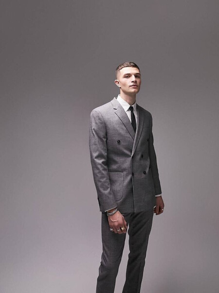 Topman skinny double breasted textured suit jacket in grey