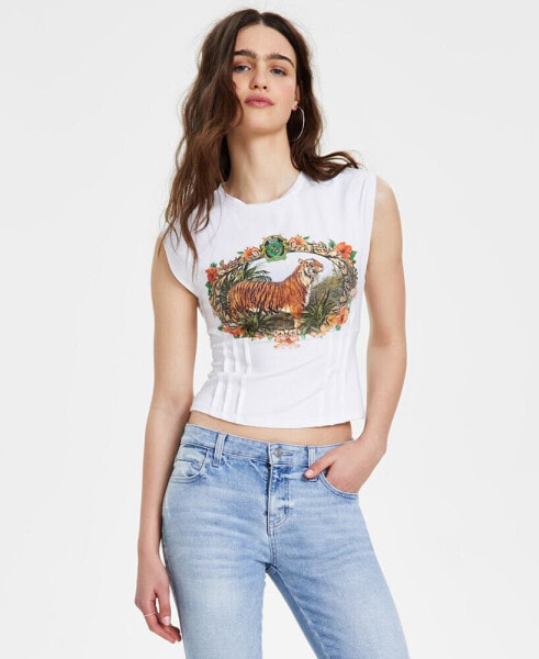 Women's Sleeveless Tiger-Graphic Corset T-Shirt