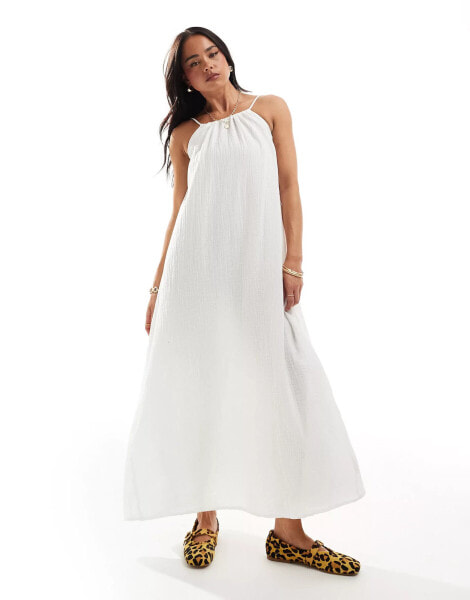 Pimkie textured linen look high neck maxi dress in white